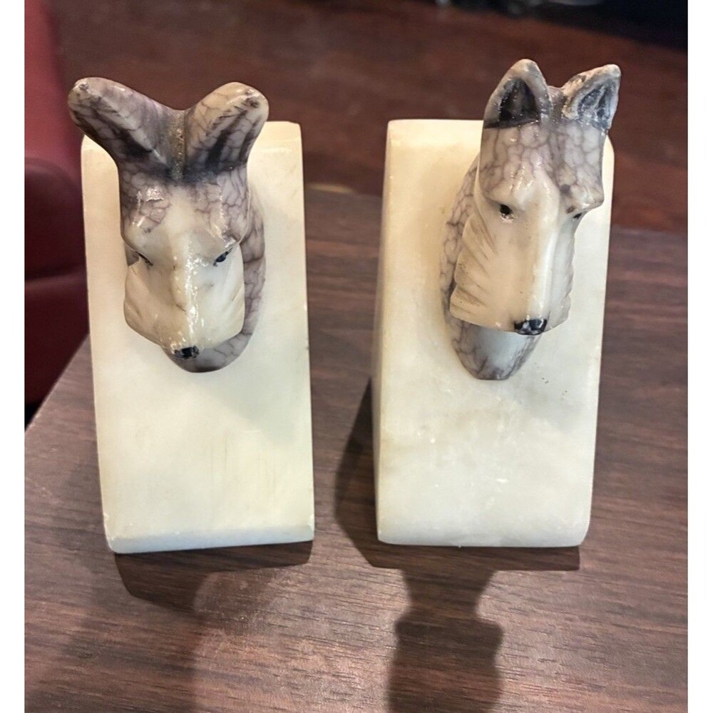Vintage 1930s Italian Alabaster Scottie Dog Bookends Art Deco Signed Lance Italy